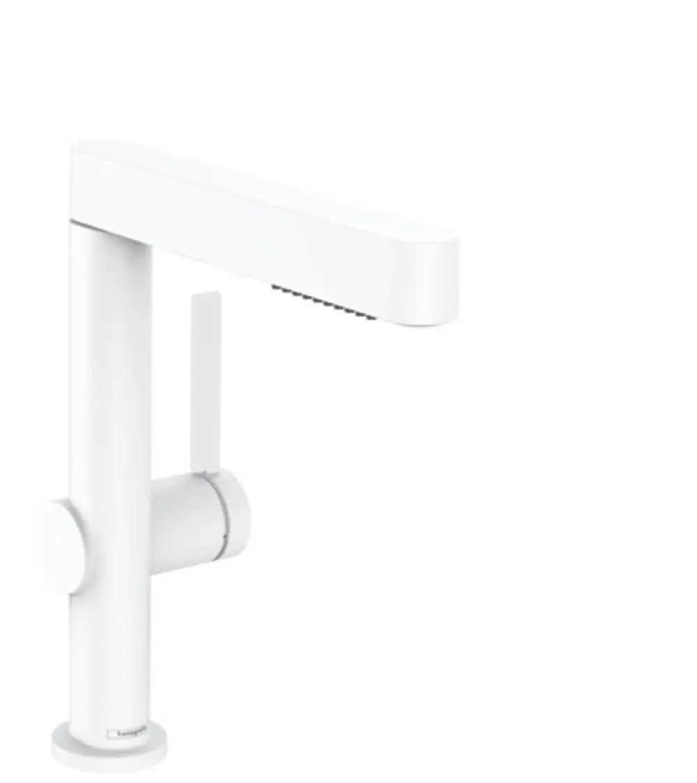 Weißer Einhebel-Waschtischmischer mit Ausziehbrause, gerade Form und seitlichem Hebel. Hansgrohe-Design, geeignet für moderne Badezimmer.